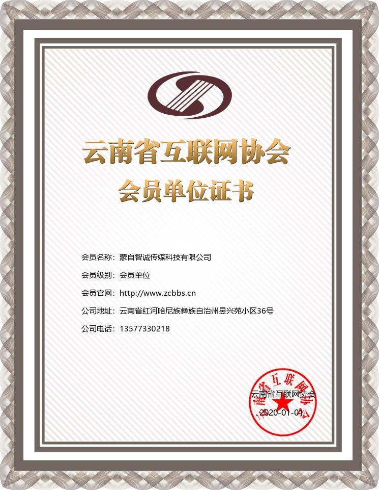 云南省互聯網協會會員單位證書